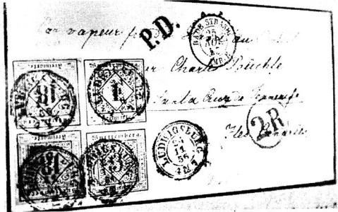 Der wertvollste Brief der Ausstellung, datiert vom 21. November 1856, mit verschiedenen Durchgangsstempeln über Straßburg nach Teneriffa.